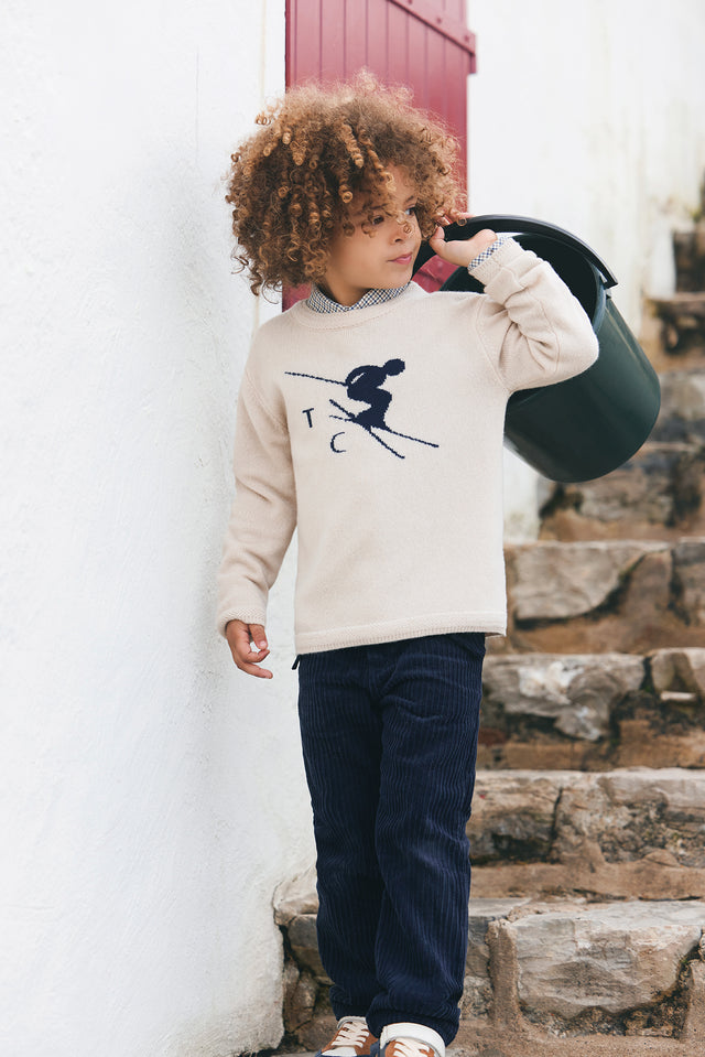 Pull - beige chiné illustration ski - Image principale