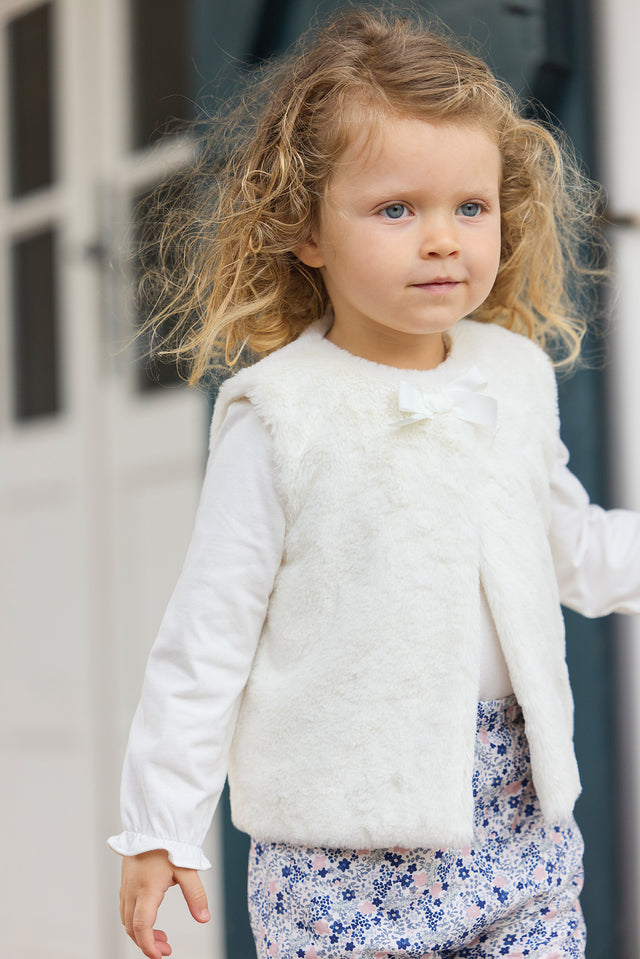 Gilet - Ecru imitation fourrure avec nœud - Image principale
