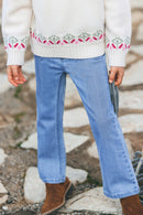 Jean - Bleu évasé broderie