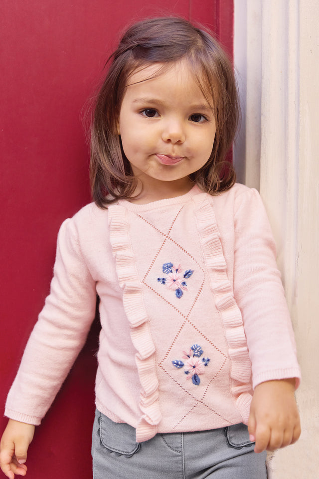 Pull - Rose pâle broderie fleurs - Image principale