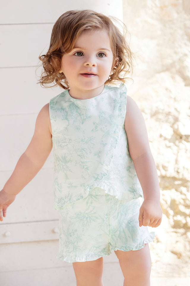 Ensemble court - Vert d'eau inspiration Toile de Jouy - Image principale