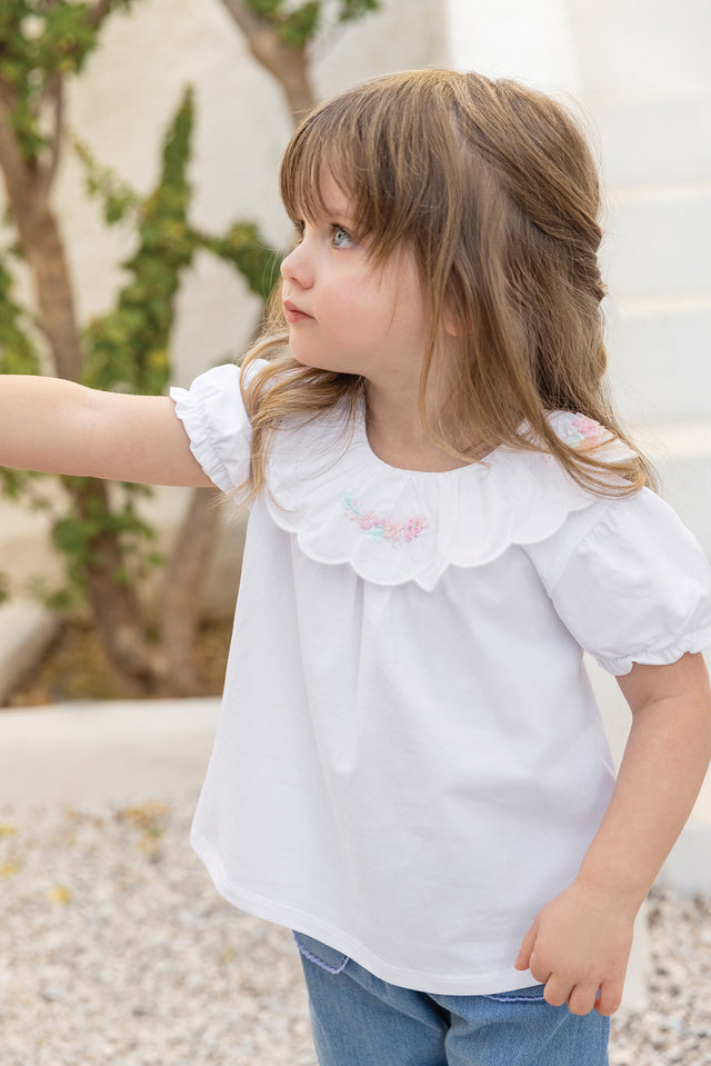 T-shirt - Blanc coton col volanté - Image principale