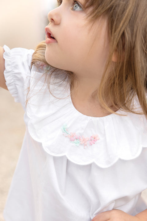 T-shirt - Blanc coton col volanté - Image principale