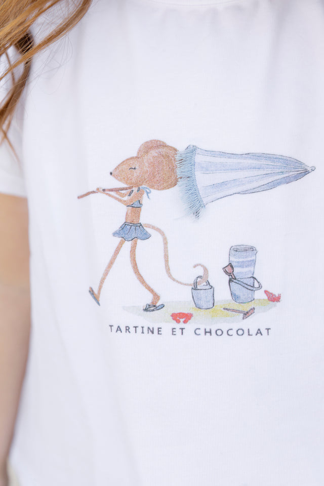 Camiseta - Blanco algodon Ilustración playa - Image principale