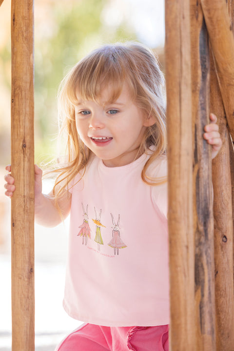 Camiseta - Rosa pálido algodon Ilustración conejo - Image principale