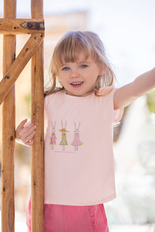 Camiseta - Rosa pálido algodon Ilustración conejo - Image principale
