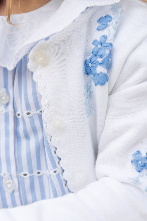 Strickjacke - Blau elektrische Baumwolle Stickerei Schleifenband - Image principale