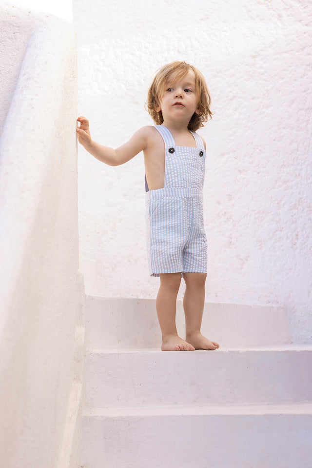 Salopette courte - Bleu nuage coton rayures - Image principale