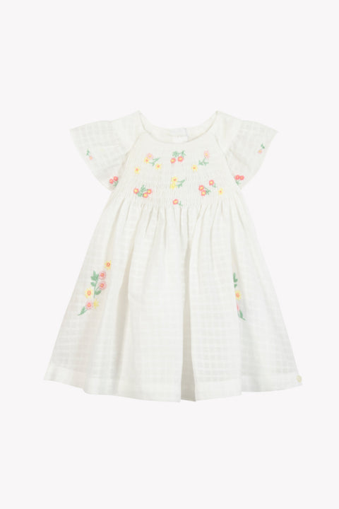 Vestido - Blanco algodón fruncido Bordado - Image principale