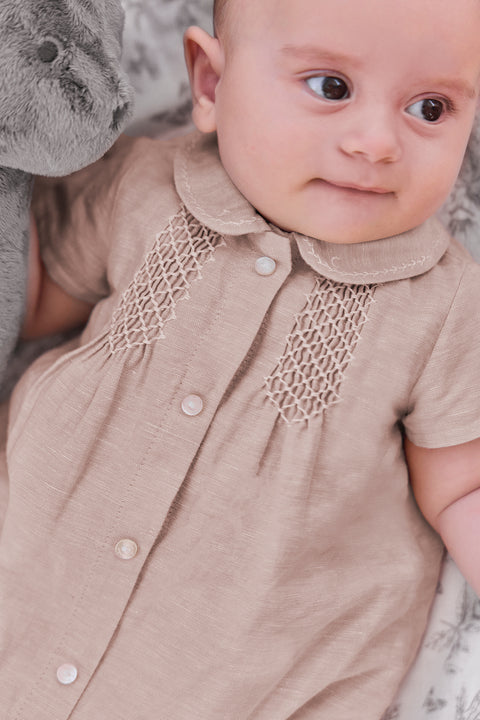 Jumpsuit short - Beige heather Peter pan collar smock - Image principale