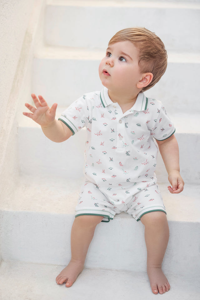 Combinaison courte - Ecru coton imprimé dinosaure - Image principale