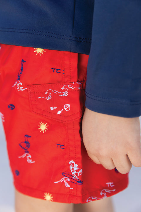 Short de bain - Rouge imprimé bord de mer - Image principale