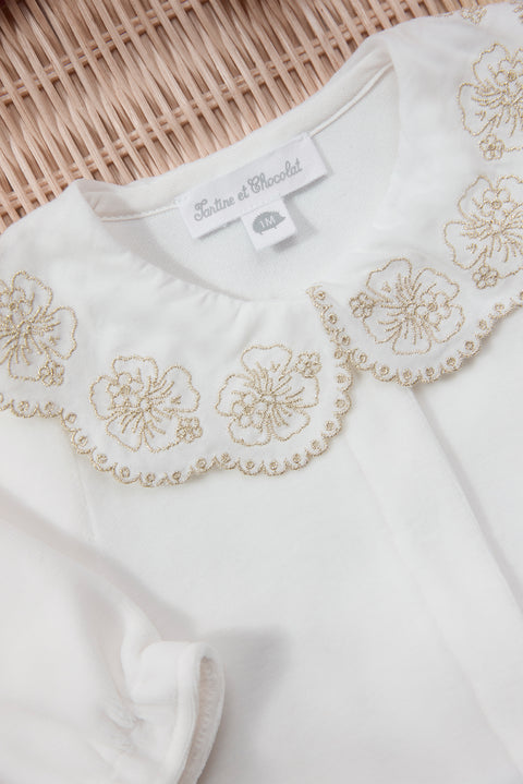 Pyjama - Ecru velours col claudine - Image principale