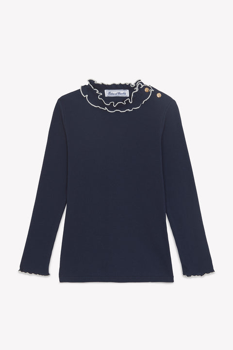 T-shirt - Navy cotton Ruffled collar - Image principale