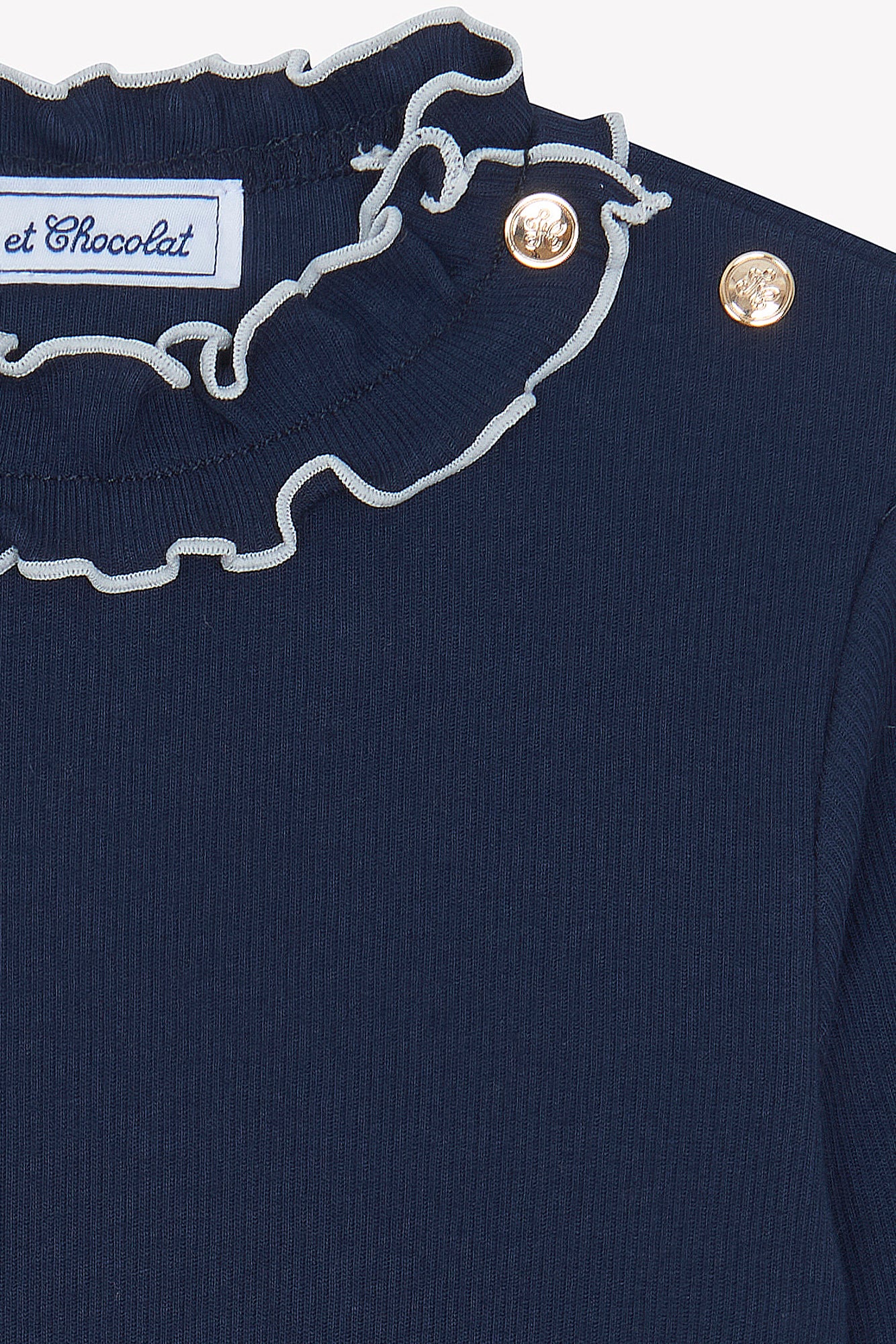 T-Shirt - Marineblau Baumwolle Rüschenkragen