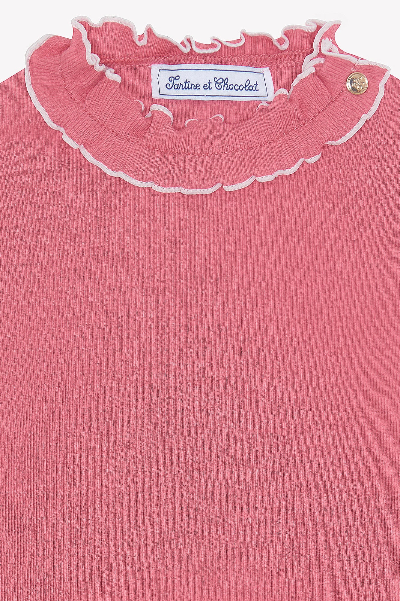 T-Shirt - Rosa Baumwoll-Pfingstrose Rüschenkragen