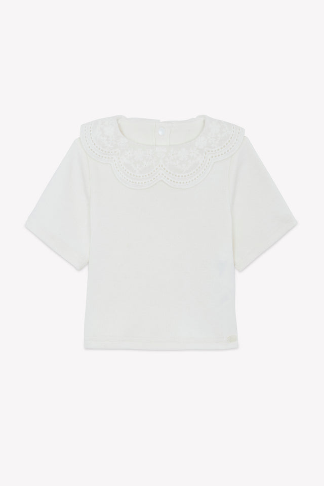 T-Shirt - Ecru Baumwolle Kragen Gemahlen Stickerei Englisch - Image principale