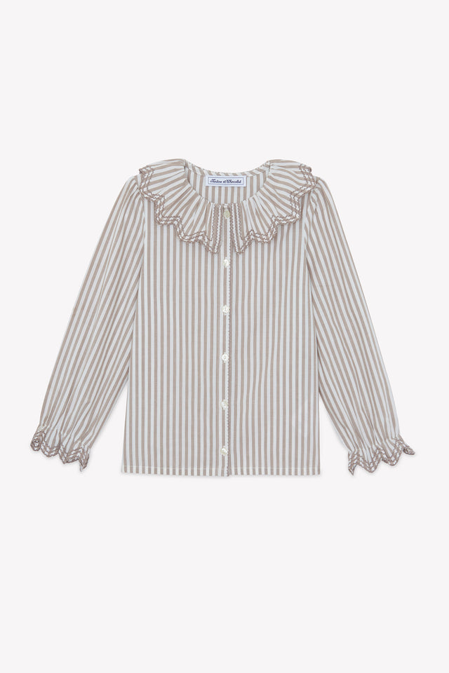 Blouse - Beige moyen rayures col volanté - Image principale