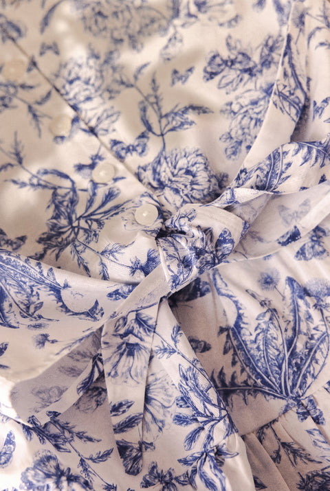 Ensemble long - Bleu coton imprimé inspiration toile de jouy - Image principale