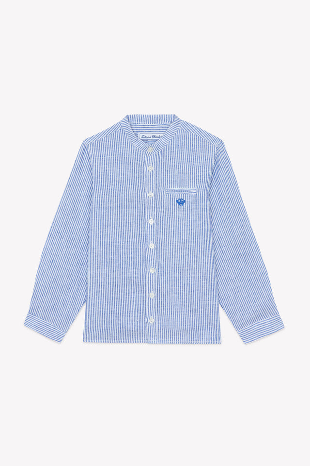 Chemise - Bleu lin rayures col mao - Image principale