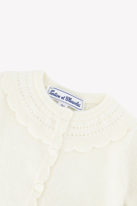 Cardigan - Ecru cachemire col rond festonné - Image principale