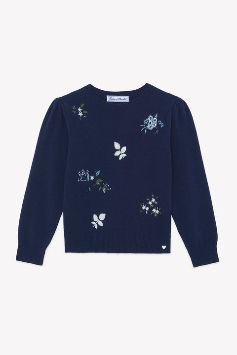 Maglia - Blu navy Lana ricami floreali - Image principale