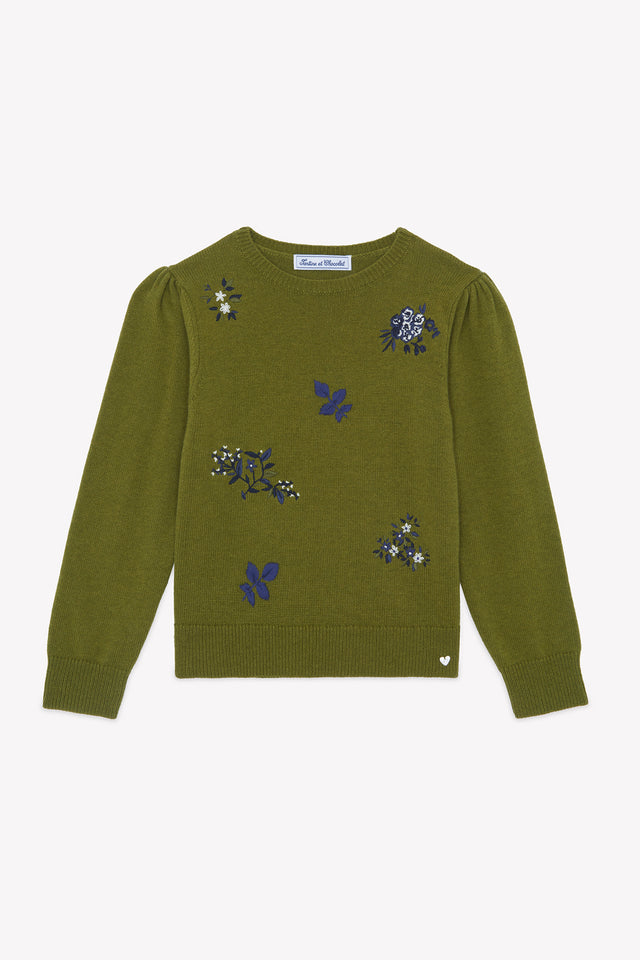 Maglia - Oliva Lana ricami floreali - Image principale