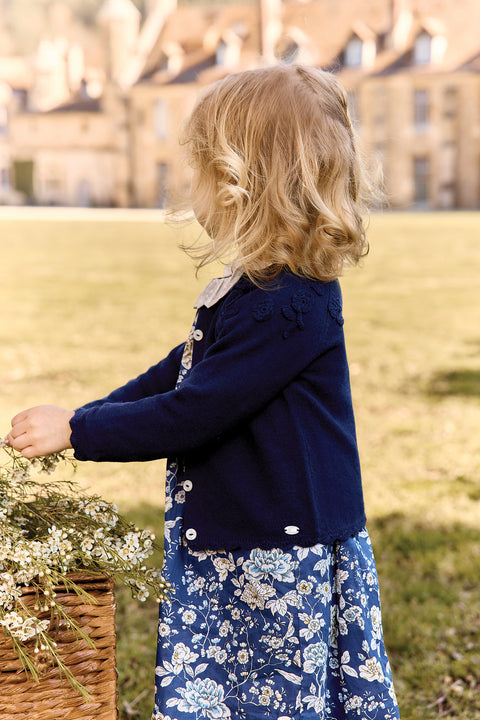 Cardigan - Blu navy Lana Ricamo fiori a mano - Image principale