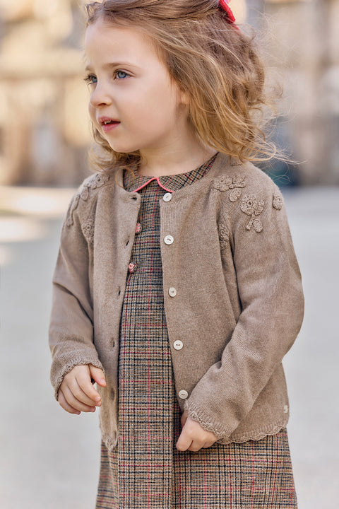 Cardigan - Beige medio lana ricamo a mano fiori - Image principale
