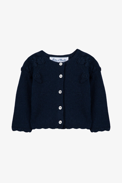 Cardigan - Blu navy Lana Ricamo fiori a mano - Image principale