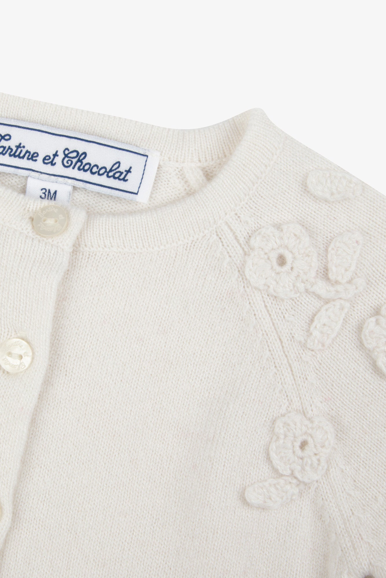 Cardigan - Ecru laine broderie main fleurs