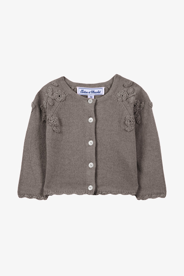 Cardigan - Beige medio lana ricamo a mano fiori - Image principale