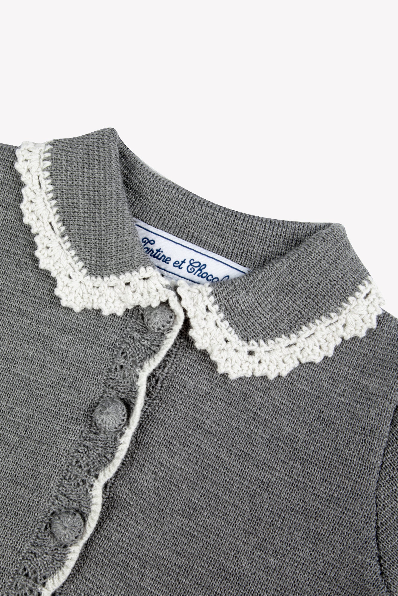 Cardigan - Grigio erica Lana Colletto Claudine Ricamo Inglese