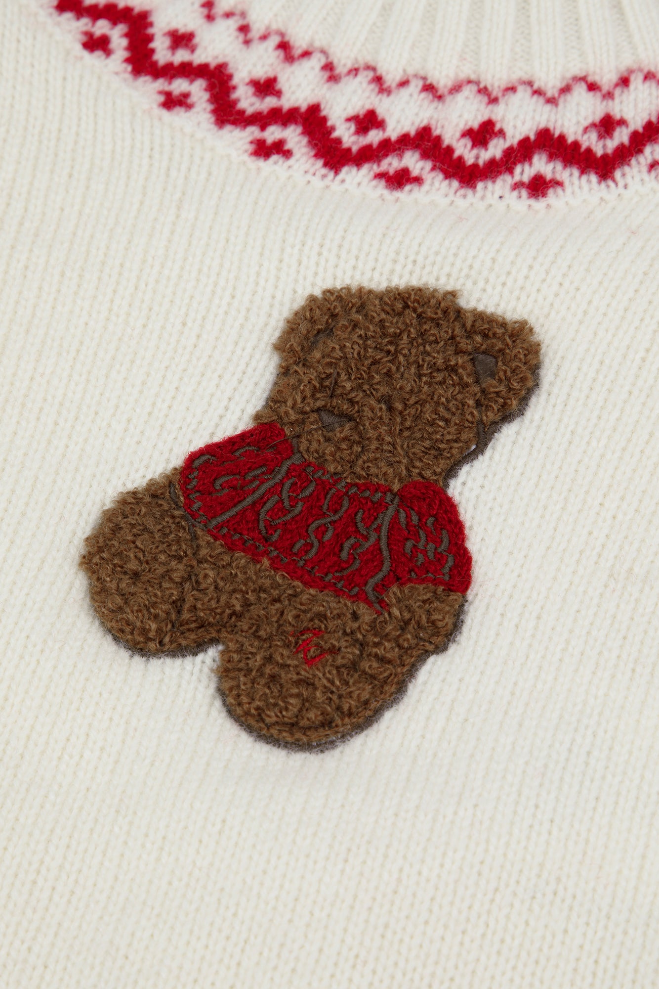 Pullover - Ecru Wolle Rundhals Teddybär