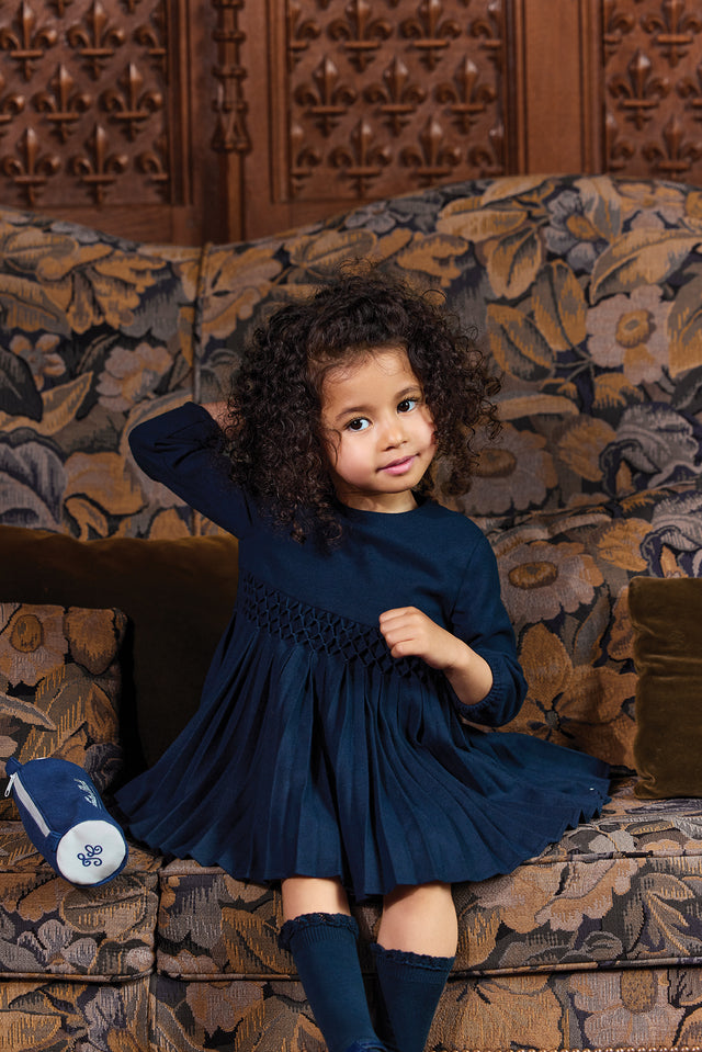 Robe - Marine col rond plis plats - Image principale