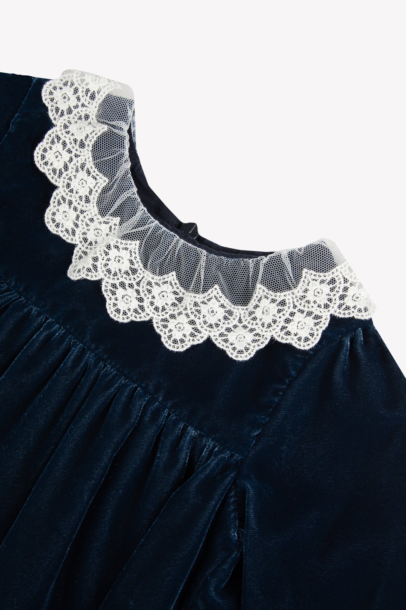 Vestido - Azul marino Terciopelo Cuello Encaje