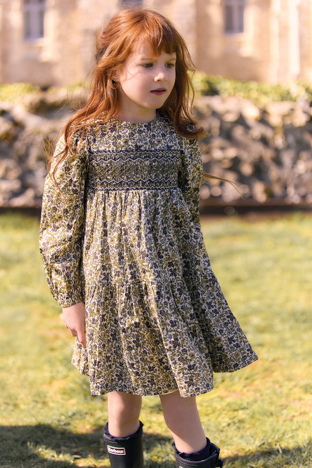 Dress - Olive cotton Round neck Liberty embroidery - Image principale