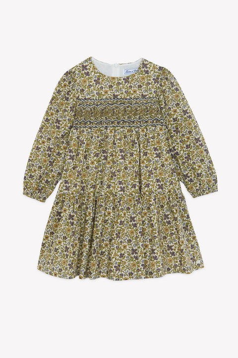 Dress - Olive cotton Round neck Liberty embroidery - Image principale