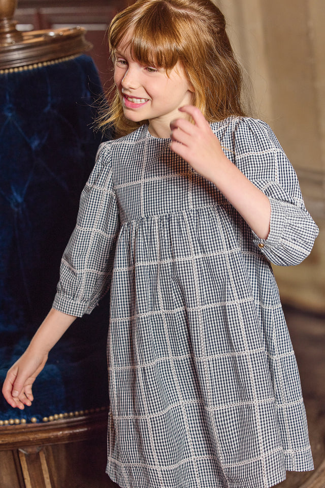 Robe - Ecru coton col rond carreaux - Image principale