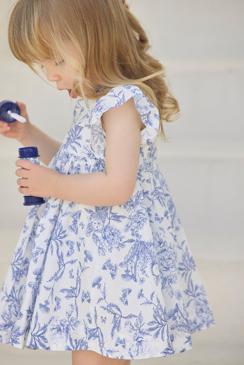 Robe - Bleu coton imprimé inspiration toile de jouy - Image principale