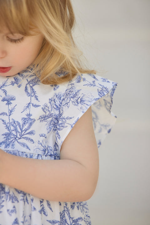 Robe - Bleu coton imprimé inspiration toile de jouy - Image principale