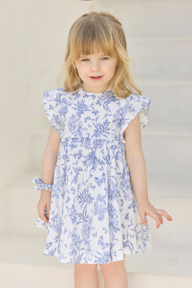 Robe - Bleu coton imprimé inspiration toile de jouy - Image principale