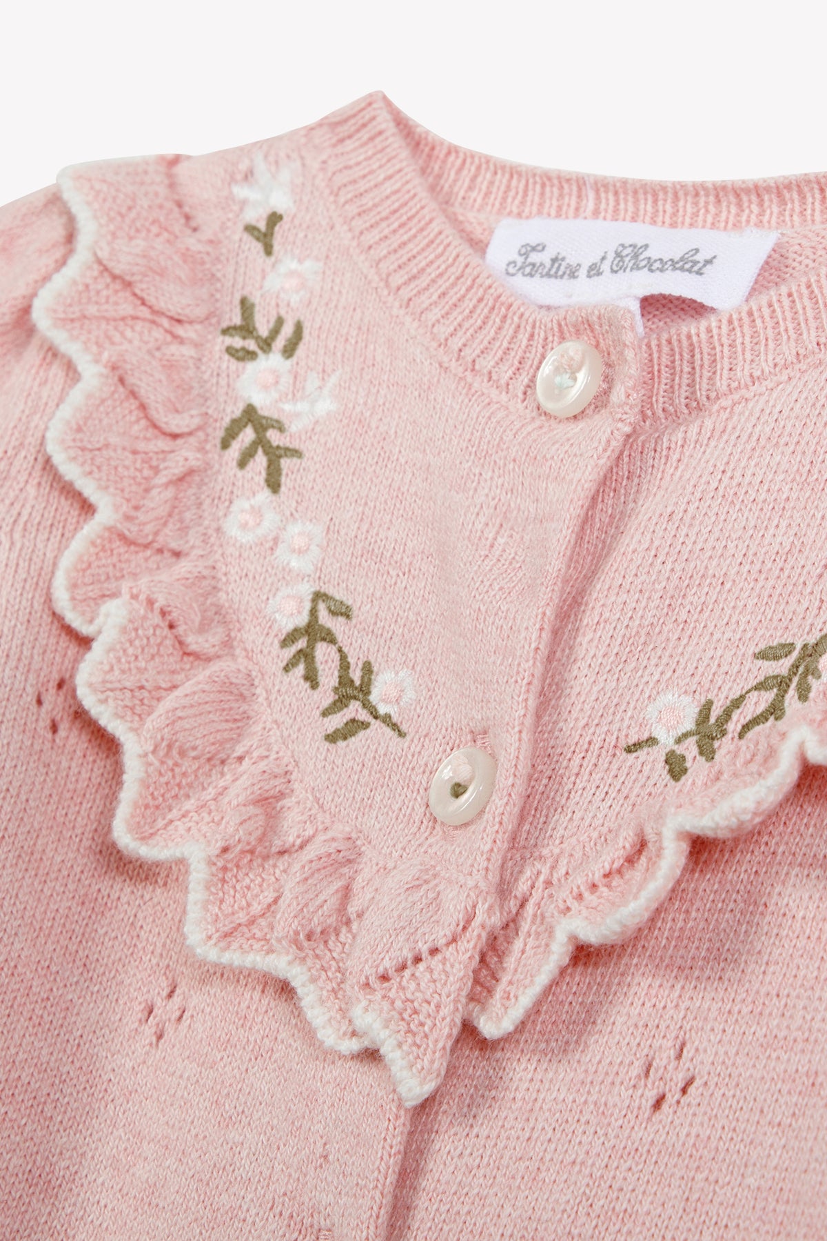 Entero largo - Rosa empolvado algodón cuello con volantes