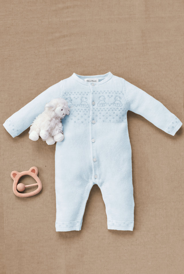 Combinaison longue - Bleu ciel laine col rond broderie - Image principale
