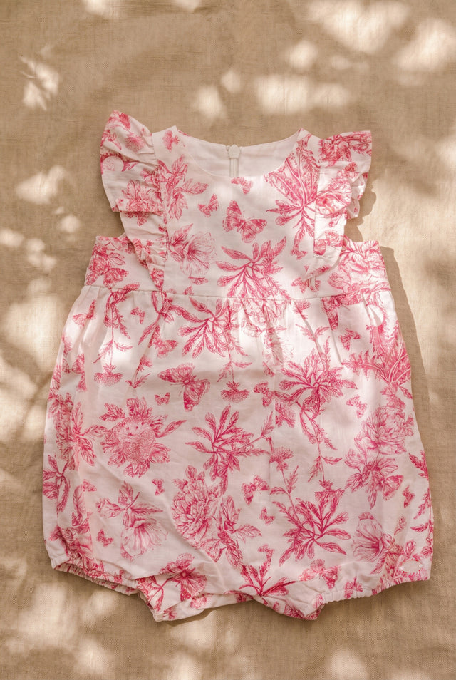 Combinaison courte - Rose coton imprimé inspiration toile de jouy - Image principale