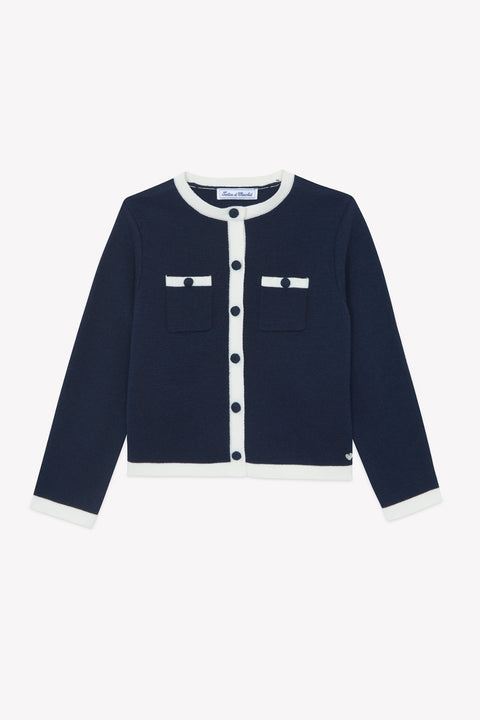Veste - Marine laine col rond rayures blanches - Image principale
