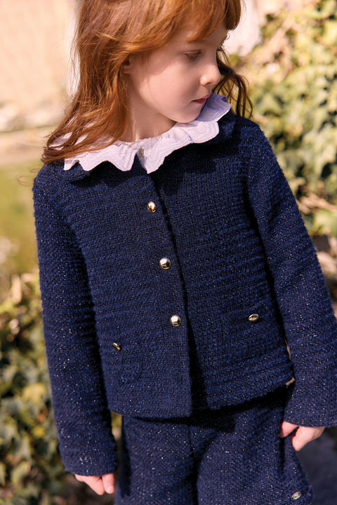 Veste - Marine col claudine tweed boutons dorés - Image principale