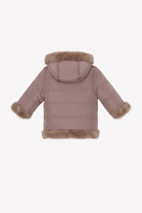 Manteau - Beige moyen imitation fourrure capuche - Image principale