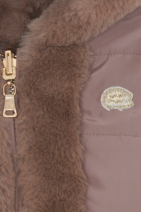 Manteau - Beige moyen imitation fourrure capuche - Image principale