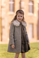 Manteau - Beige moyen tweed col imitation fourrure